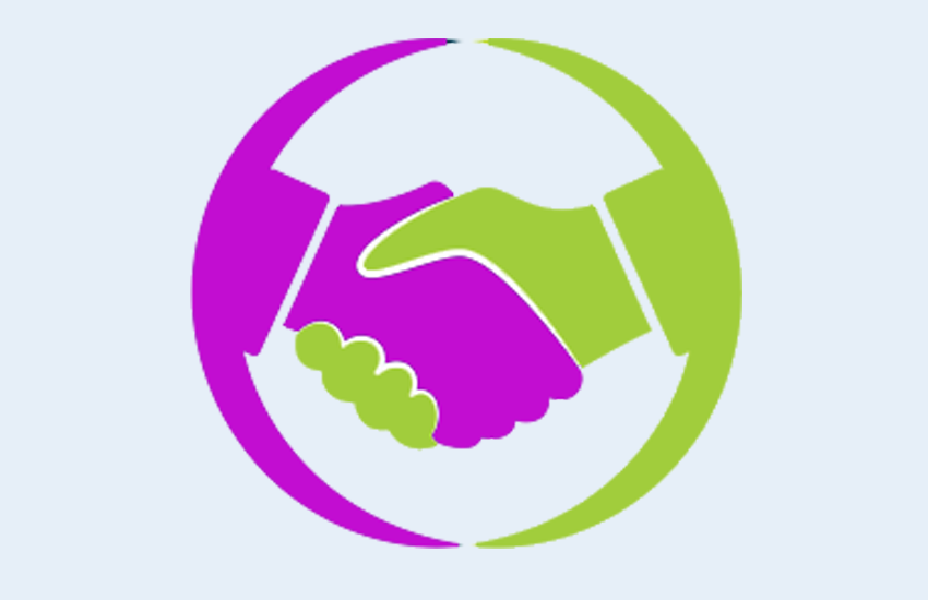 An icon of hand shaking in ConcertAi and TeraRecon colours